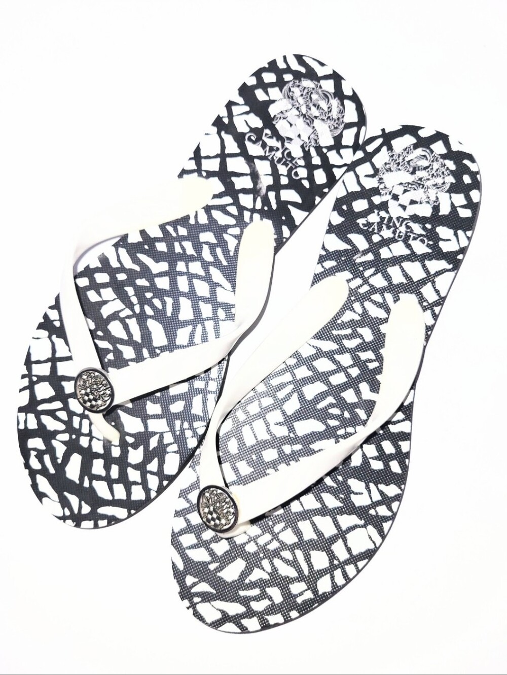 NWOT Vince Camuto Black & White Abstract Flip Flop Thong Sandal Large 8.5-9